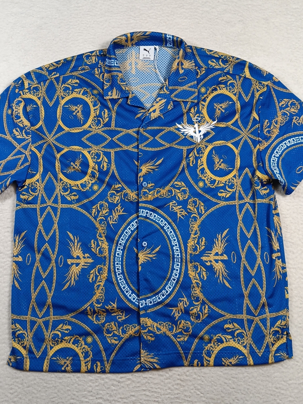 Puma Shirt Mens Large Blue Melo Golden Short Sleeve Button Up Mesh Tribal